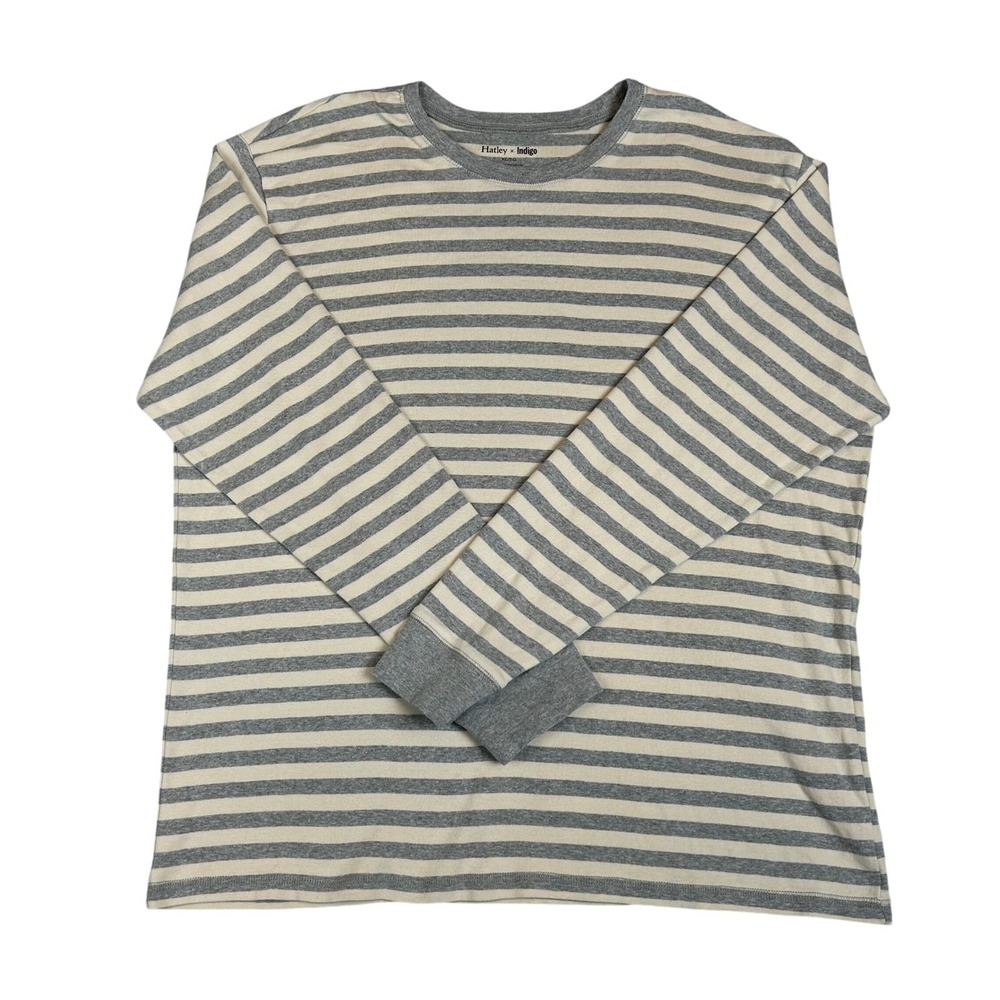 Hatley x Indigo Mens XL Organic Cotton Striped Long Sleeve T-Shirt Grey Cream